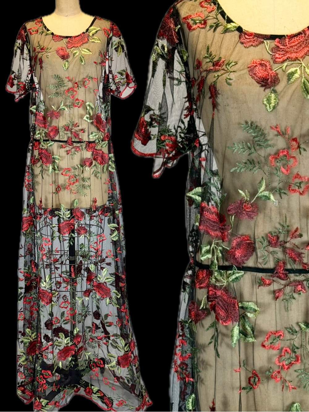 Rose embroidered black sheer mesh dress long maxi overlay floral flower gothic